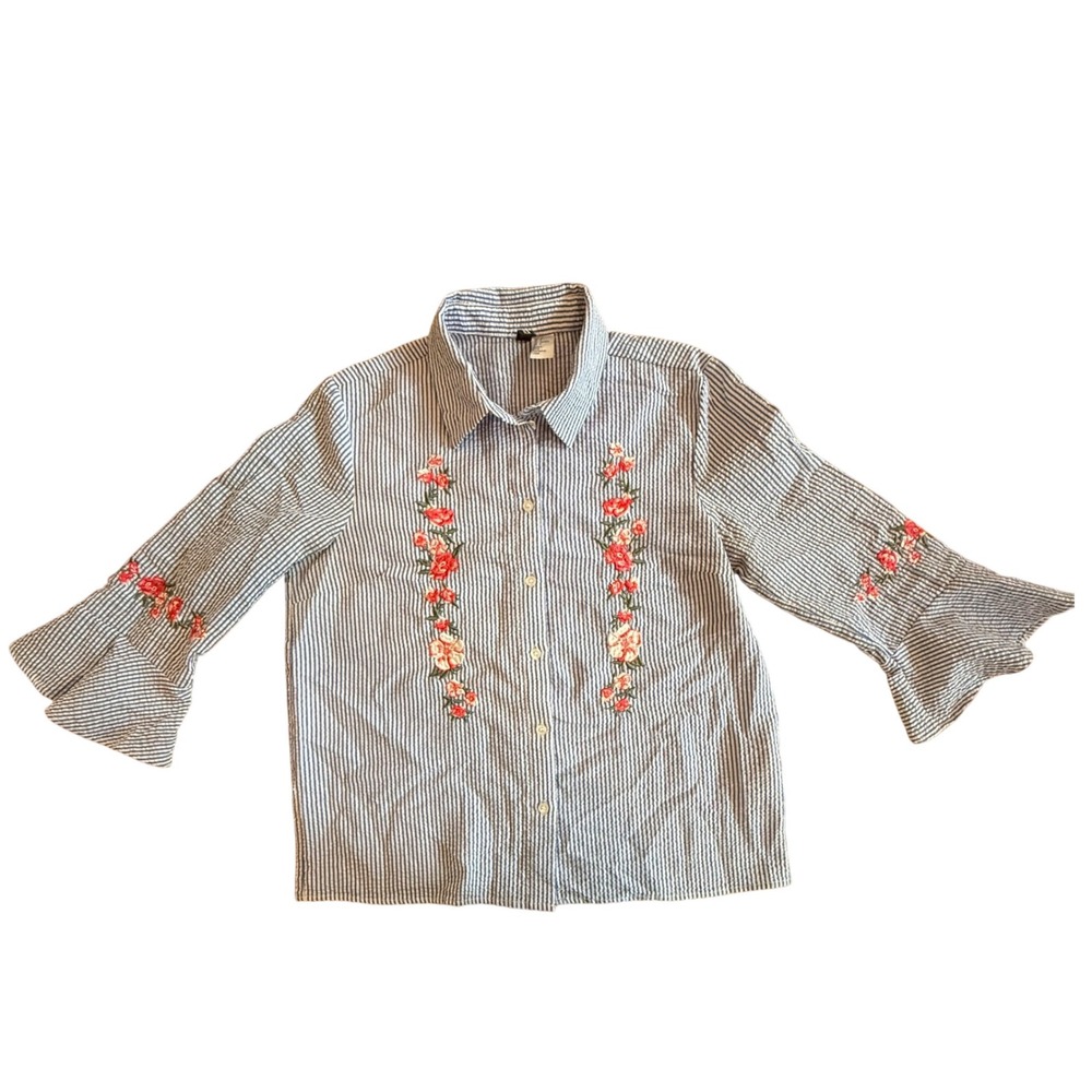 Boho Cottagecore Blue White Seersucker Floral Embroidered Bell Sleeve Shirt Sz 2